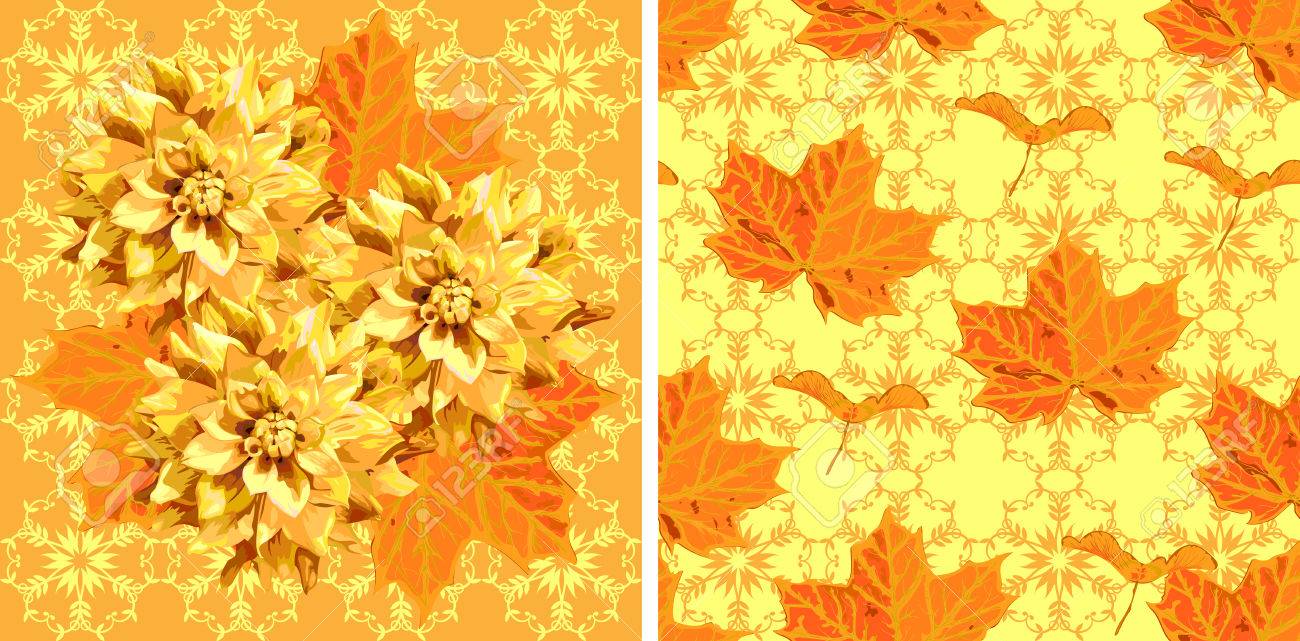 メープル ツリーの葉と種子とダリアの花 Madala スタイルの背景のシームレス パターン のイラスト素材 ベクタ Image
