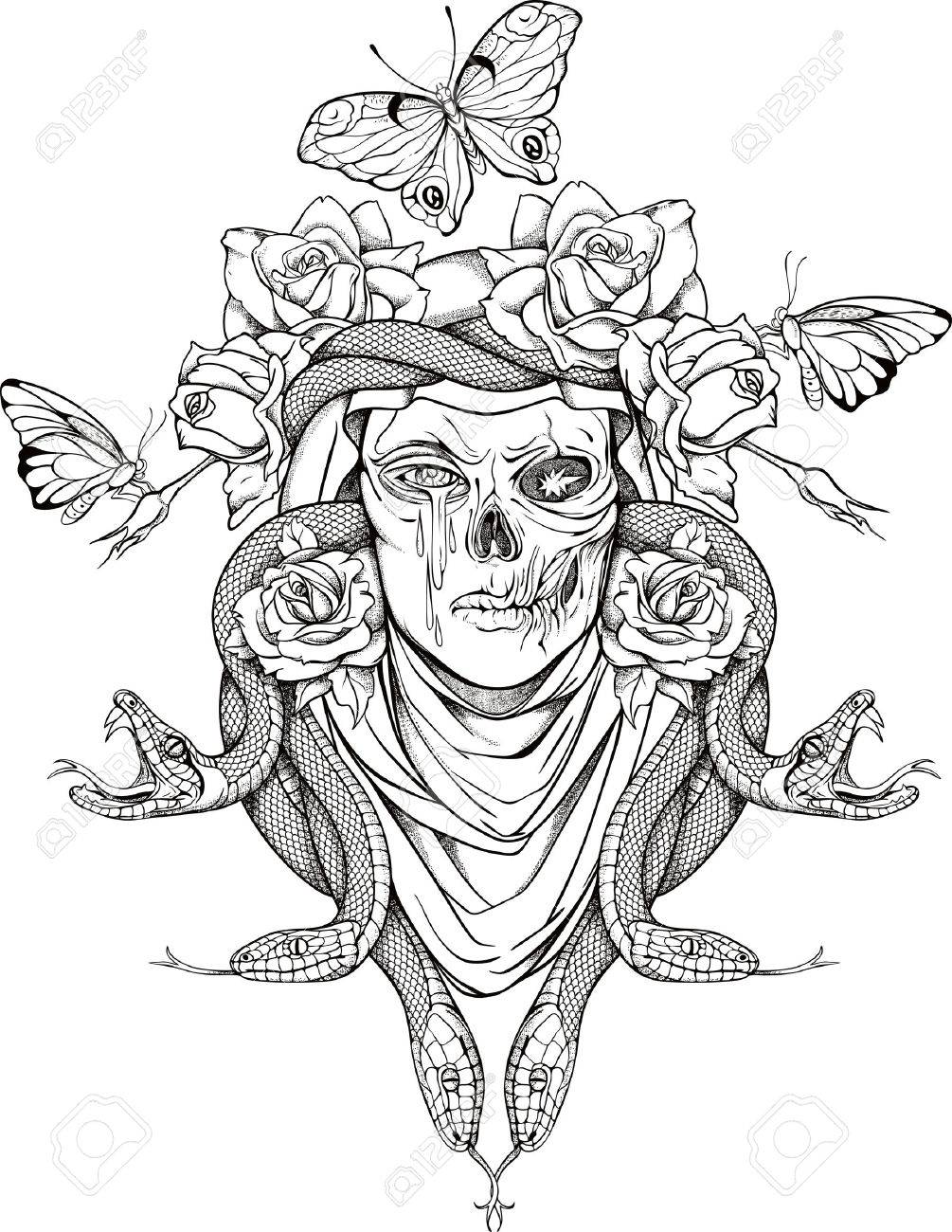 Illustration With Woman Skull Snakes Butterflies And Flowers Stock Vector