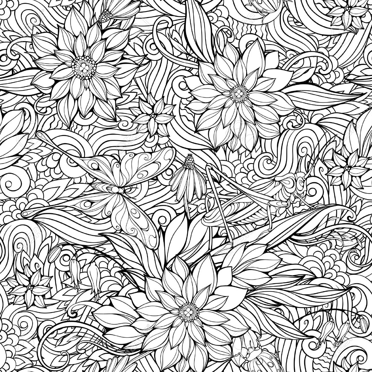 coloring page with seamless pattern of flowers butterflies and