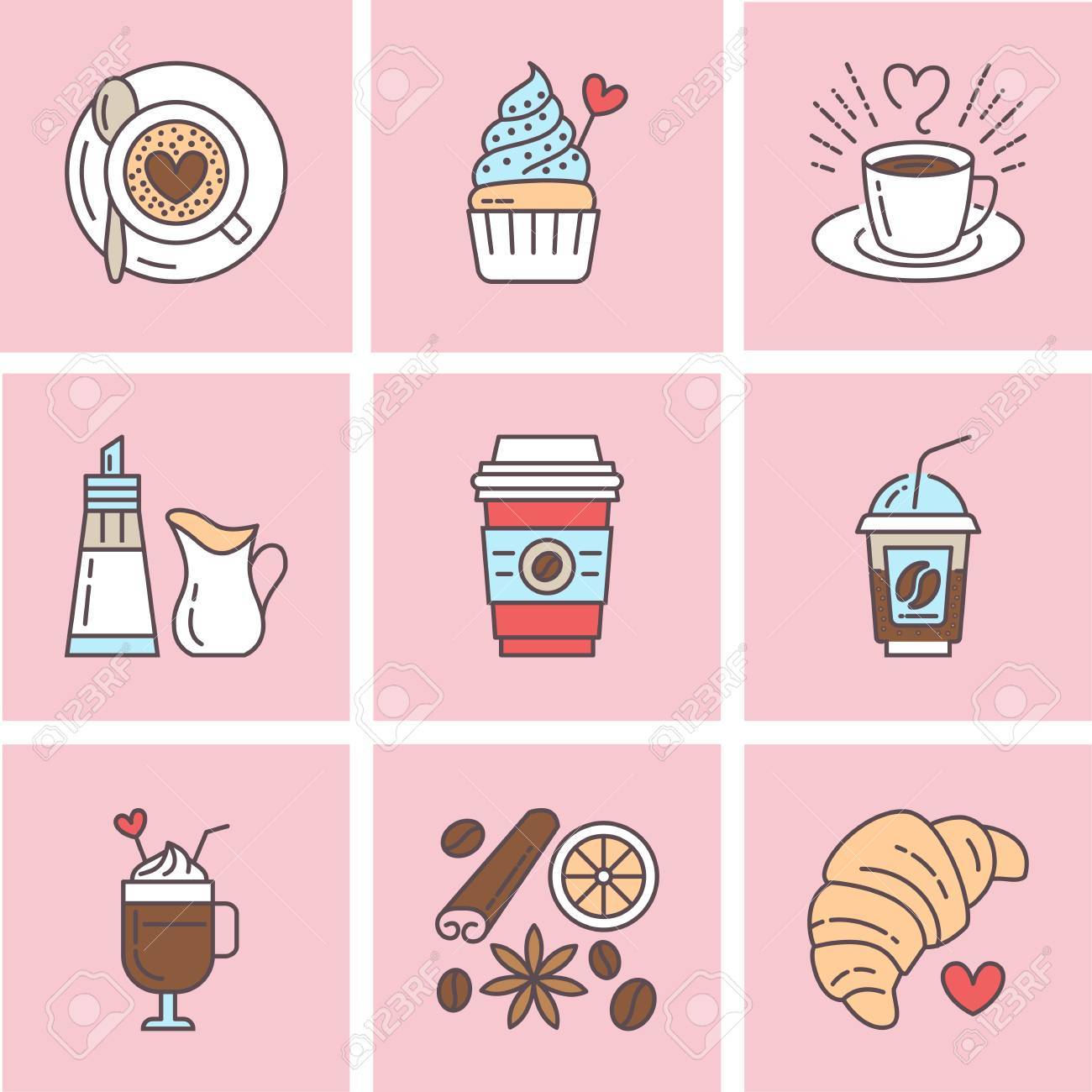 コーヒーのかわいいベクター線のアイコン 要素 エスプレッソ カップ ミルク シュガー クロワッサン ホットド リンク カップケーキ ラテ シナモン 線形レストラン メニュー 漫画イラストのショップ ピクト のイラスト素材 ベクタ Image