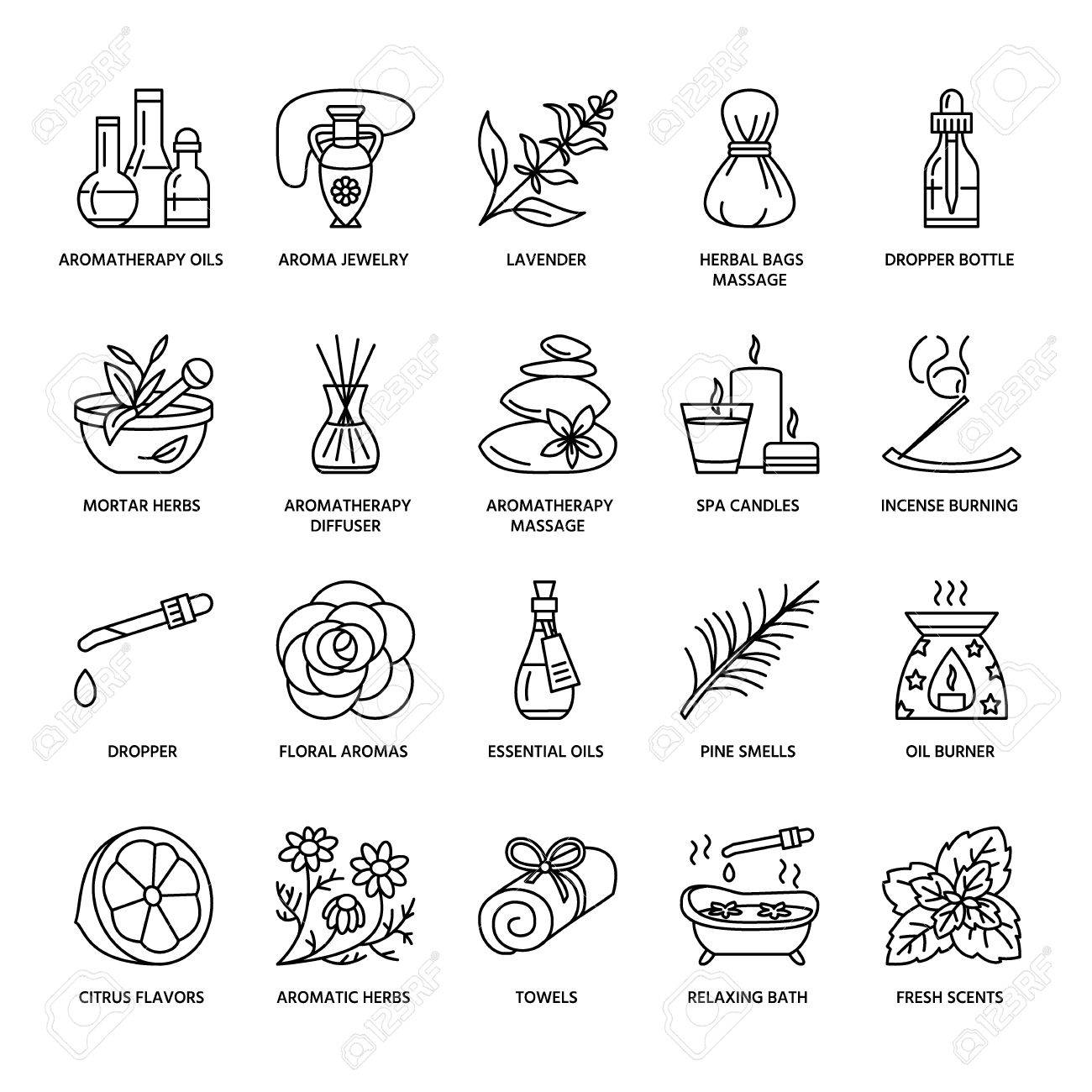 Modern vector line icons of aromatherapy and essential oils. Elements - aromatherapy diffuser, oil burner, spa candles, incense sticks. Linear pictogram with editable strokes for aromatherapy salon. - 66481866 Modern vector line icons of aromatherapy and essential oils. Elements - aromatherapy diffuser, oil burner, spa candles, incense sticks. Linear pictogram with editable strokes for aromatherapy salon. - 66481866