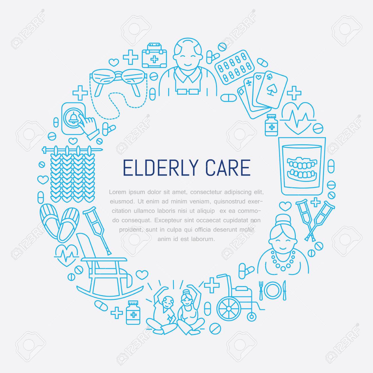Modern vector line icon of senior and elderly care. Medical poster template with illustration of old people, wheelchair, leisure, hospital call button, leisure. Linear banner - 66481882 Modern vector line icon of senior and elderly care. Medical poster template with illustration of old people, wheelchair, leisure, hospital call button, leisure. Linear banner - 66481882