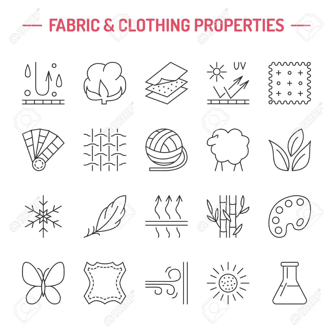 Vector line icons of fabric feature, garments property symbols. Elements - cotton, wool, waterproof, uv protection. Linear wear labels, textile industry pictograms for clothes. - 66481894 Vector line icons of fabric feature, garments property symbols. Elements - cotton, wool, waterproof, uv protection. Linear wear labels, textile industry pictograms for clothes. - 66481894