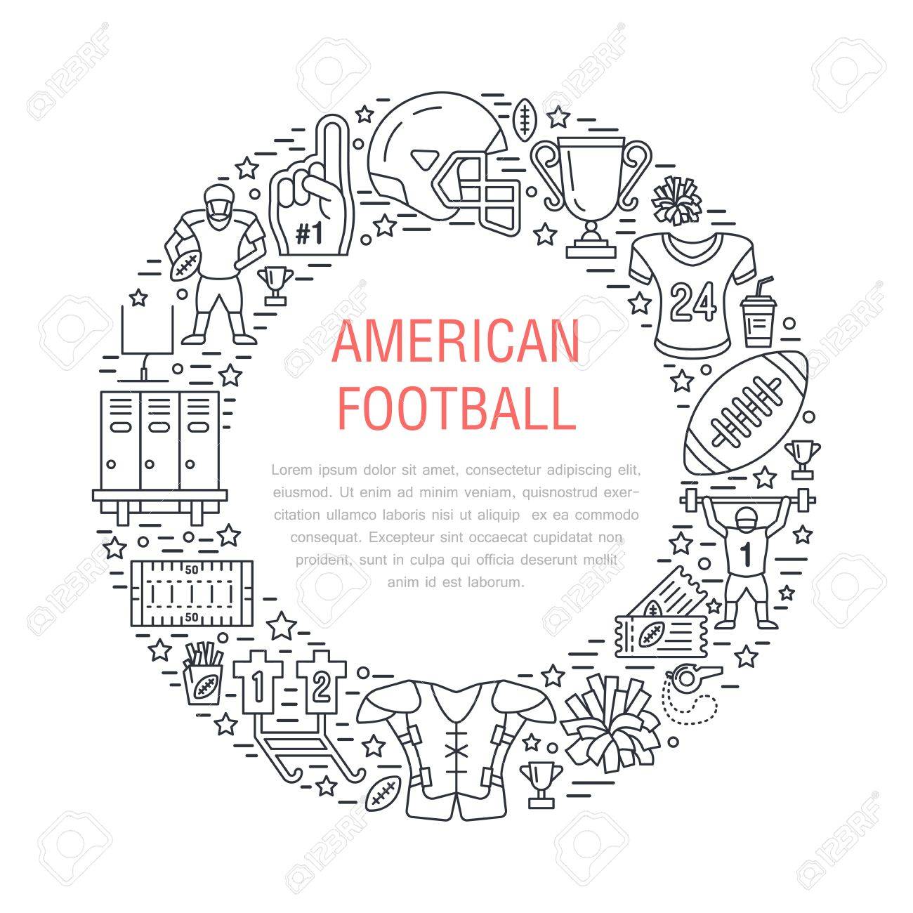American football banner with line icons of ball, field, player, whistle, helmet and other sport equipment. Vector circle illustration for football championship poster. - 69584541 American football banner with line icons of ball, field, player, whistle, helmet and other sport equipment. Vector circle illustration for football championship poster. - 69584541