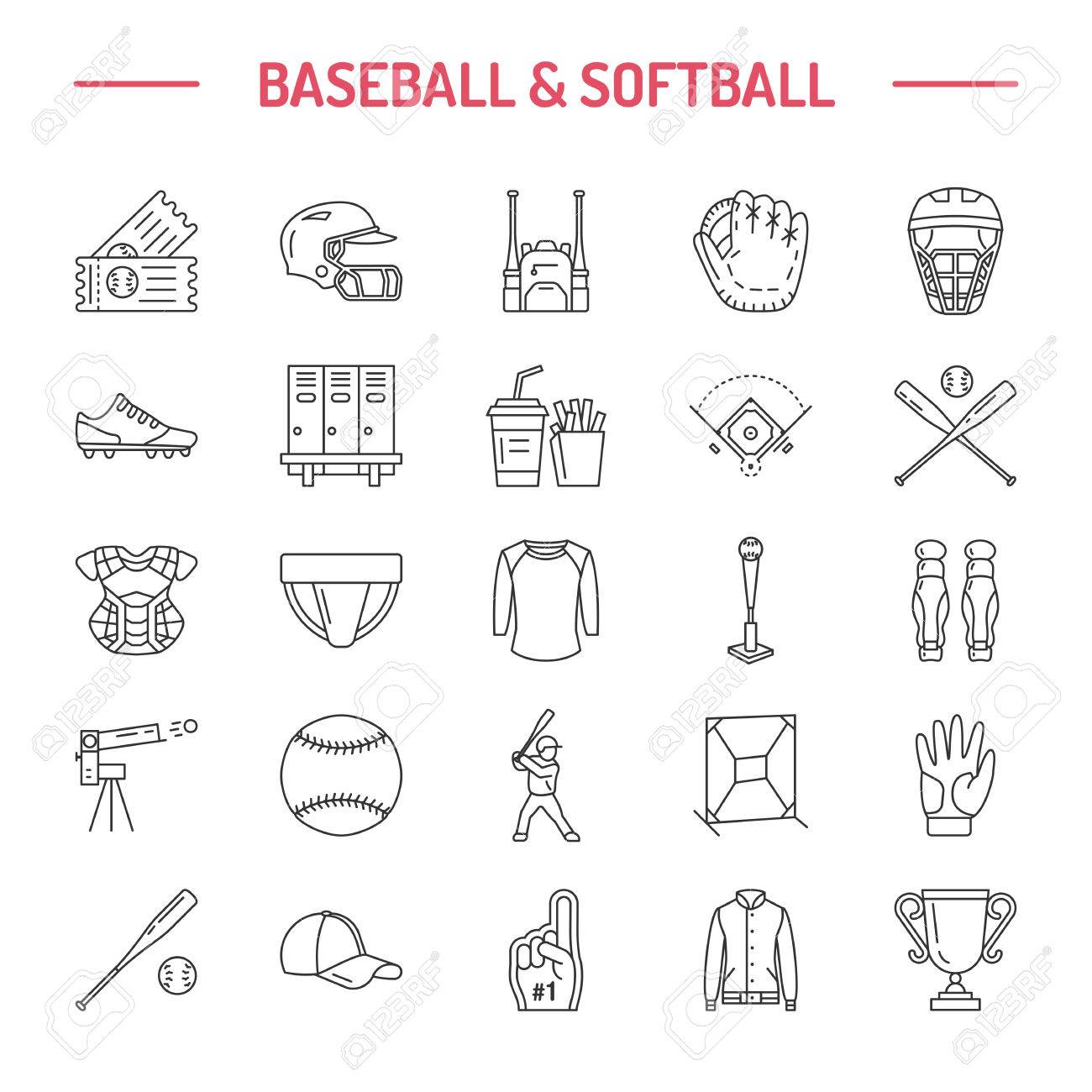 Baseball Softball Sport Game Vector Line Icons Ball Bat Field