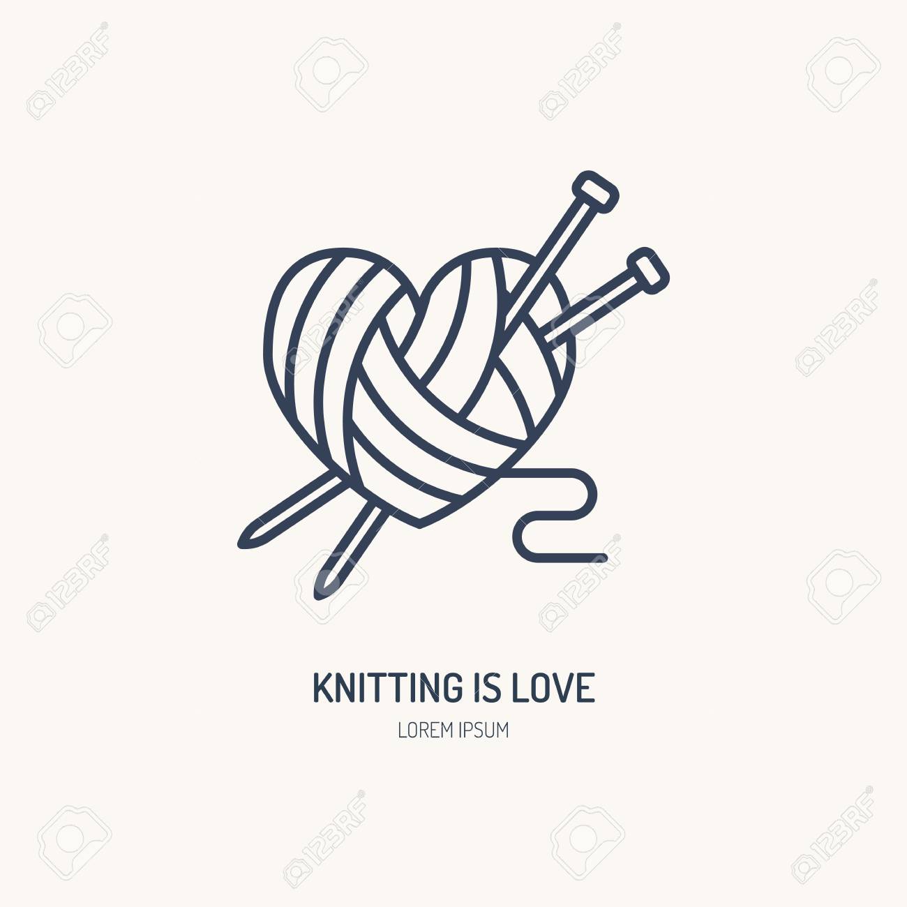 Knitting shop line logo. Yarn store flat sign, illustration of wool skeins with knitting needles. - 73652850 Knitting shop line logo. Yarn store flat sign, illustration of wool skeins with knitting needles. - 73652850