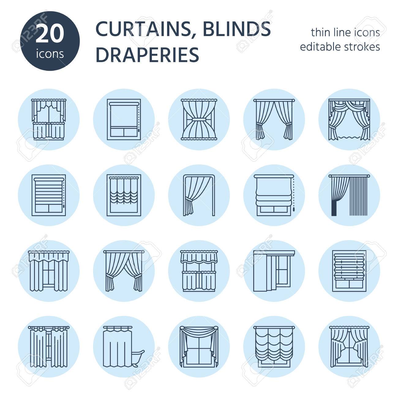 Window curtains, shades line icons. Various room darkening decoration, lambrequin, swag, french curtain, blinds and rolled panels. Interior design thin linear signs for house decor shop. - 76779557 Window curtains, shades line icons. Various room darkening decoration, lambrequin, swag, french curtain, blinds and rolled panels. Interior design thin linear signs for house decor shop. - 76779557