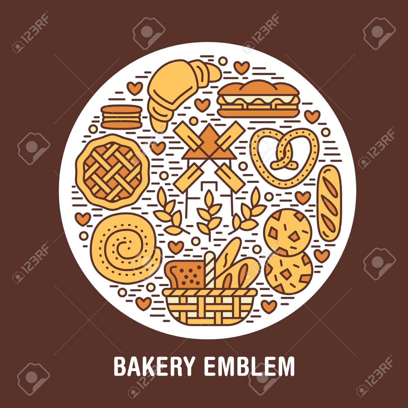 Backerei Susswaren Plakat Vorlage Vector Lebensmittellinie Ikonen