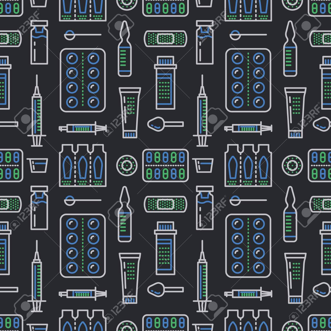 医療 薬局のシームレスなパターン 薬物のベクトルの暗い背景 剤形は薄いライン アイコン タブレット カプセル 錠剤です かわいい医療は 病院 の図を繰り返します のイラスト素材 ベクタ Image