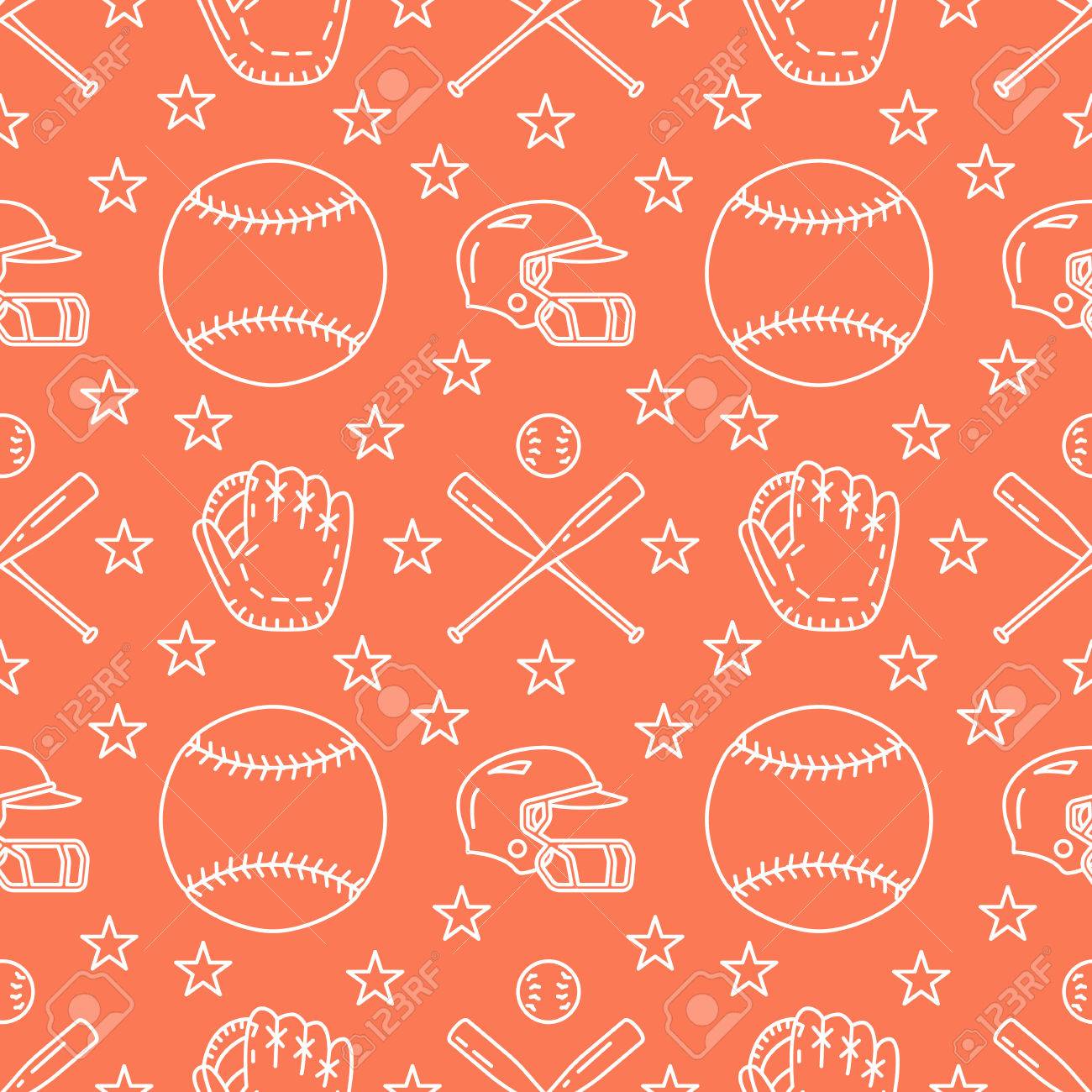 Baseball, softball sport game vector seamless pattern, orange background with line icons of balls, player, gloves, bat, helmet. Flat signs for championship, equipment store. - 78853256 Baseball, softball sport game vector seamless pattern, orange background with line icons of balls, player, gloves, bat, helmet. Flat signs for championship, equipment store. - 78853256