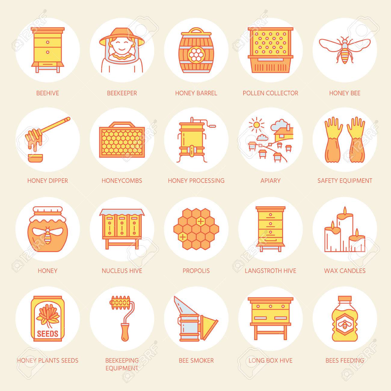 養蜂 蜂ライン アイコン 養蜂機器 処理 ミツバチ ハチの巣の種類 天然の蜂蜜 クインビー ガーデン薄い線形標識有機農家の店 オレンジ色です のイラスト素材 ベクタ Image