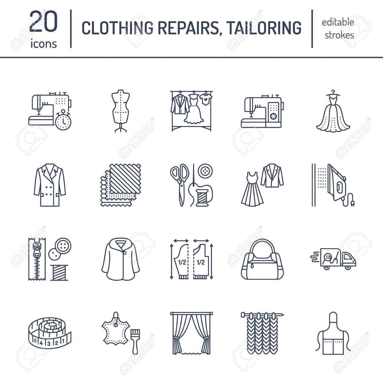 Clothing repair, alterations flat line icons set. Tailor store services - dressmaking, clothes steaming, curtains sewing. Linear signs set, logos for atelier. - 80108858 Clothing repair, alterations flat line icons set. Tailor store services - dressmaking, clothes steaming, curtains sewing. Linear signs set, logos for atelier. - 80108858