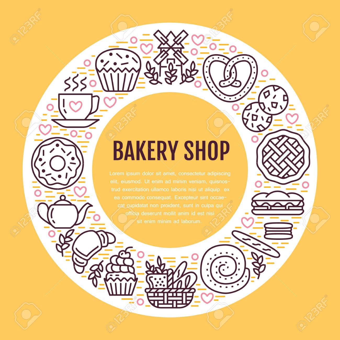 Backerei Susswaren Poster Vorlage Vektor Essen Linie Symbole