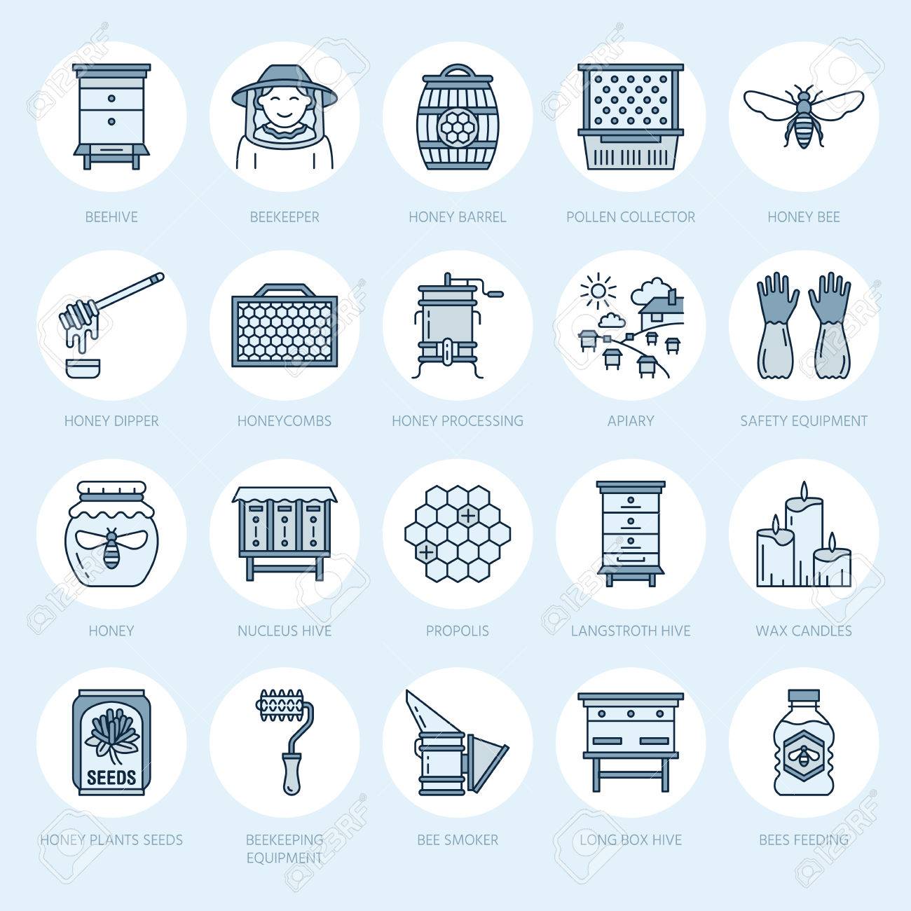 Beekeeping, apiculture line icons. Beekeeper equipment, honey processing, honeybee, beehives types, natural products. Bee-garden thin linear signs for organic farm shop. - 80952347 Beekeeping, apiculture line icons. Beekeeper equipment, honey processing, honeybee, beehives types, natural products. Bee-garden thin linear signs for organic farm shop. - 80952347