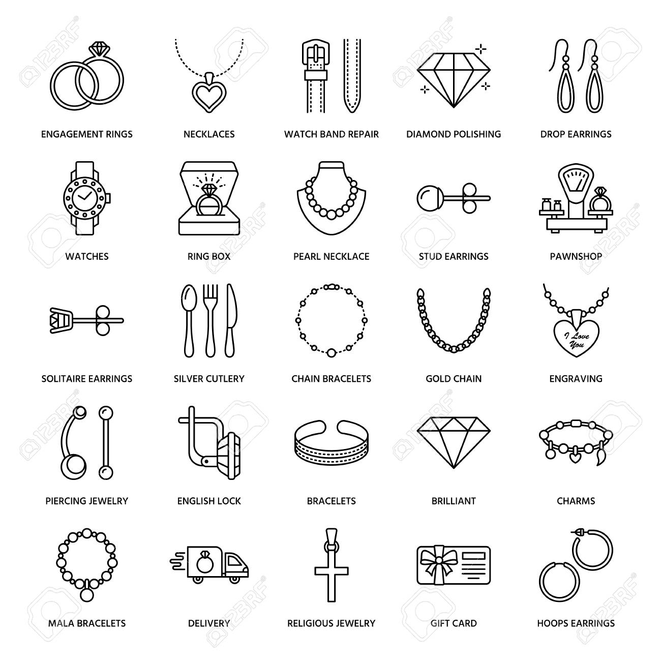 Iconos De Línea Plana De Joyería, Signos De Tienda De Joyería. Joyas Accesorios - Anillos De Compromiso De Oro, De Gema, Cadena Plata, Grabado Collares, Señales Lineares Finas Para
