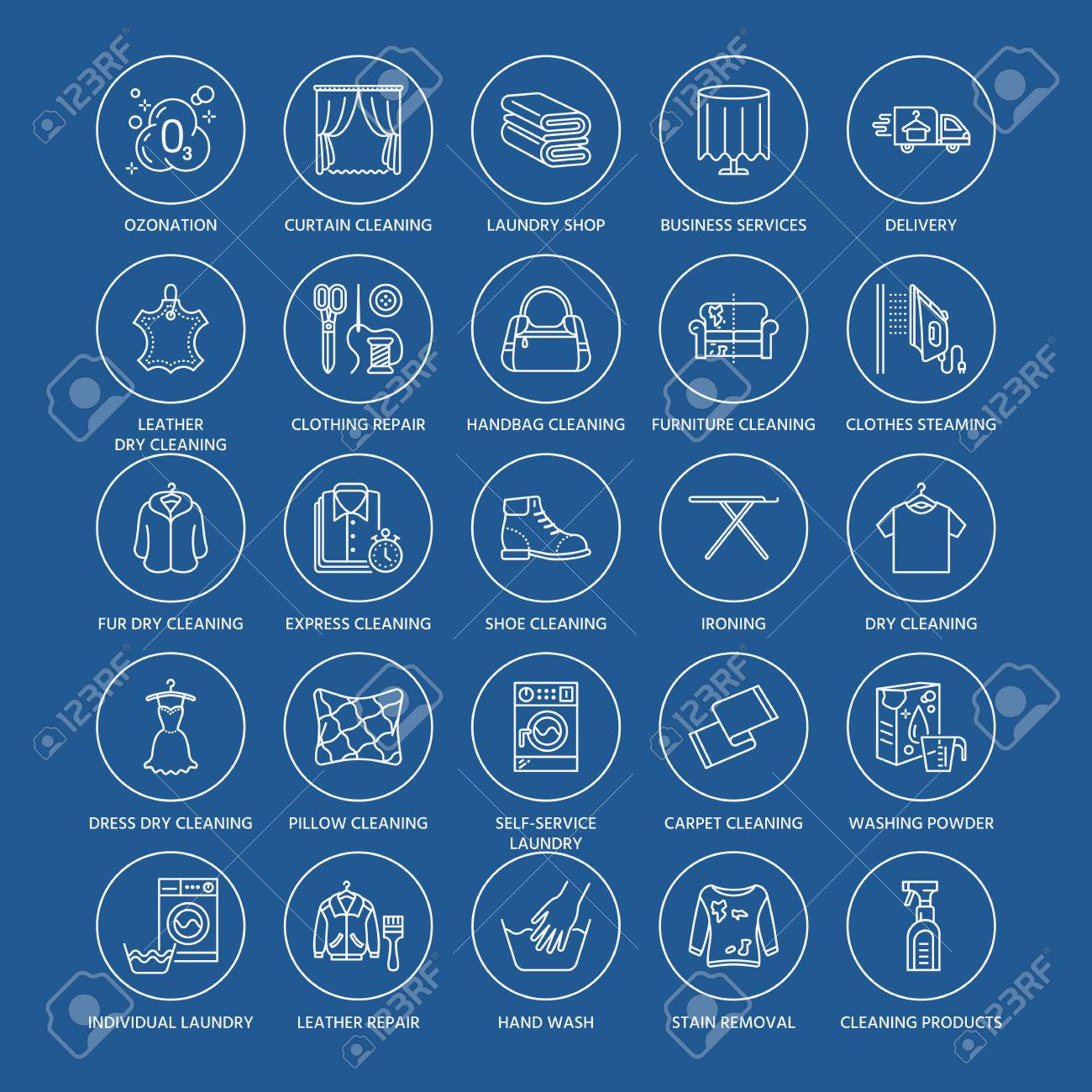 ドライ クリーニング、ランドリー ライン アイコン。コイン ランドリー サービス機器、洗濯機、衣類靴と革製品修理、衣服アイロン、蒸し。セルフ  サービスのランドリーの薄い線形標識を洗浄します。のイラスト素材・ベクター Image 83098020