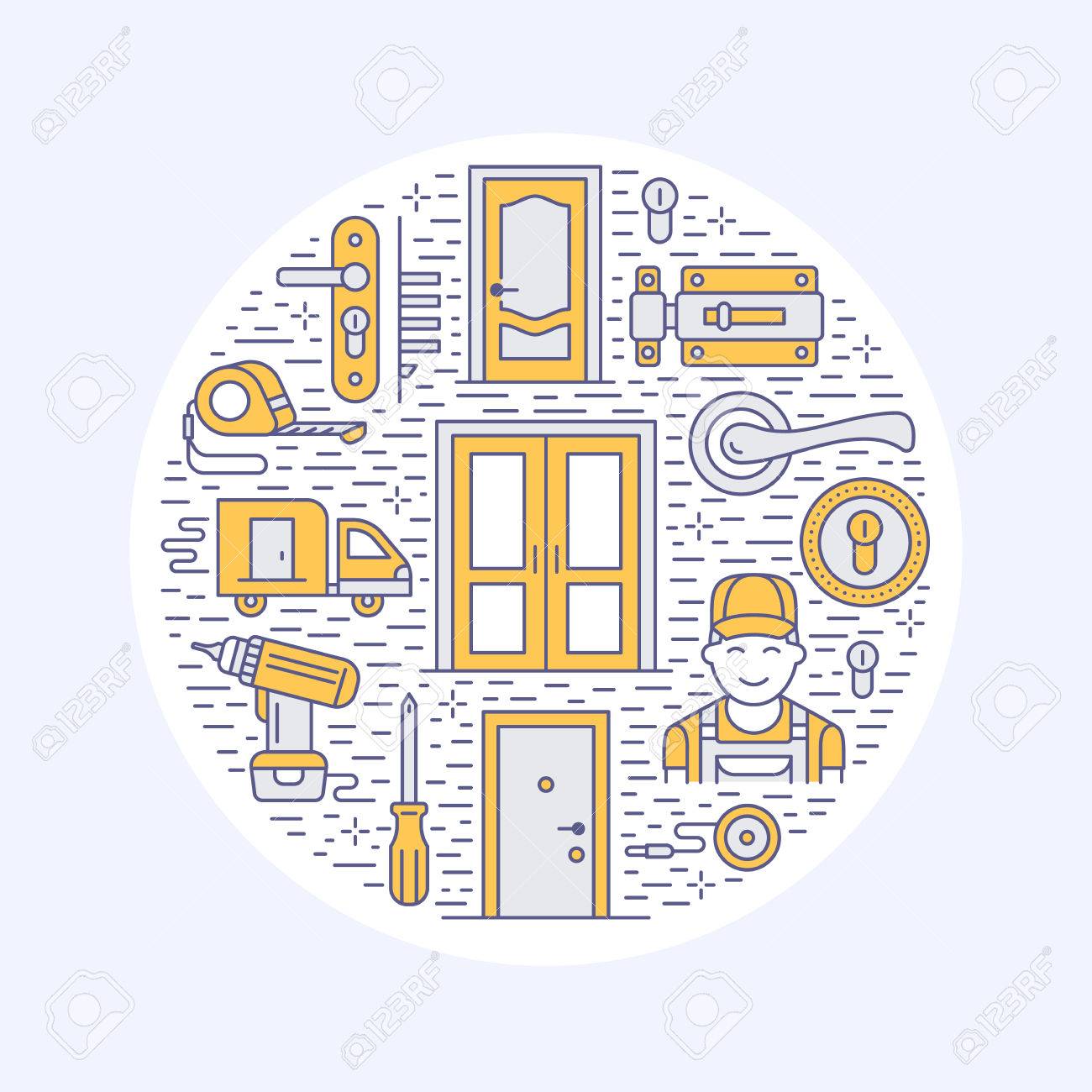 문 설치, 배너 그림 복구. 다양 한 문 유형, 핸들, 래치, 잠금, 경첩의 벡터 라인 아이콘. 집 장식 샵, 재주문 서비스를위한 얇은  선형 표지가있는 원형 템플릿. 로열티 무료 사진, 그림, 이미지 그리고