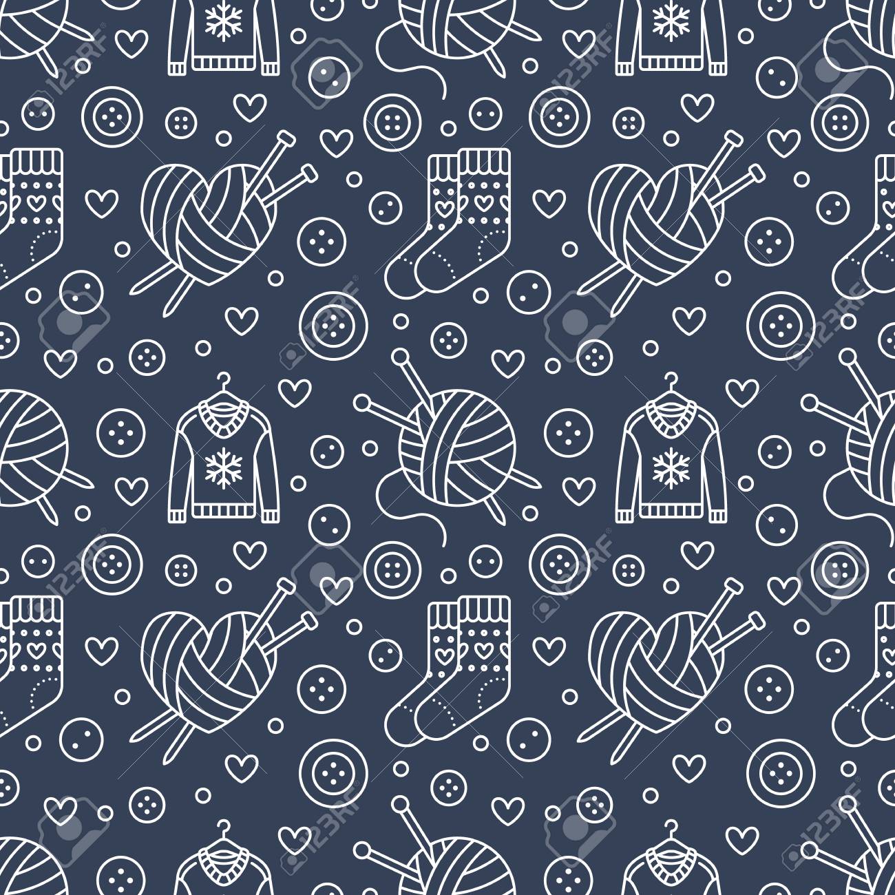 編み物 裁縫のシームレスなパターン かわいいベクター平らな線のイラスト の写真素材 画像素材 Image