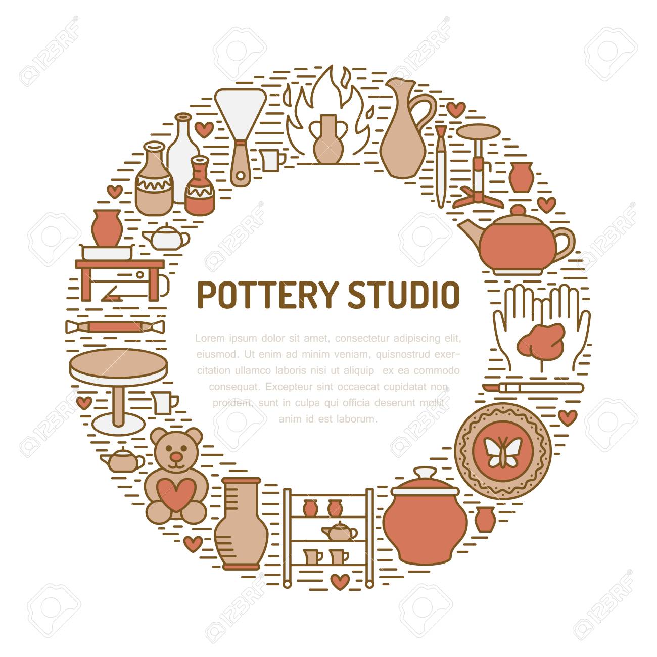 陶器のワーク ショップ 陶芸教室バナー イラストです 粘土 Studio ツールのベクター線のアイコン 建物 設備を彫刻の手です アート ショップ サークル テンプレート テキスト の写真素材 画像素材 Image