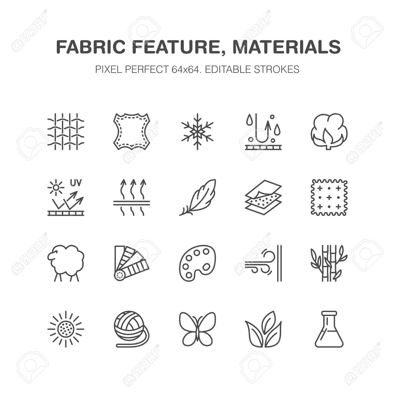 Fabric feature, clothes material vector flat line icons. Garment property symbols. Cotton wool, waterproof, wind resistant, uv protection. Wear label, textile industry pictogram. Pixel perfect 64x64. - 92925857 Fabric feature, clothes material vector flat line icons. Garment property symbols. Cotton wool, waterproof, wind resistant, uv protection. Wear label, textile industry pictogram. Pixel perfect 64x64. - 92925857