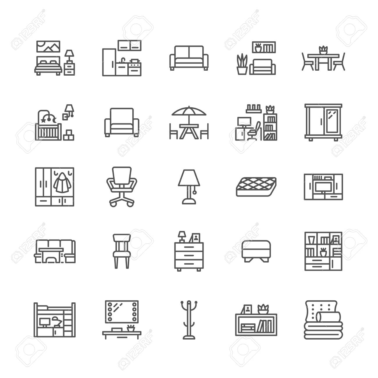 Furniture vector flat line icons. Living room tv stand, bedroom, home office, kitchen corner bench, sofa, nursery, dining table, bedding. Thin signs collection for interior store. Pixel perfect 64x64. - 103024076 Furniture vector flat line icons. Living room tv stand, bedroom, home office, kitchen corner bench, sofa, nursery, dining table, bedding. Thin signs collection for interior store. Pixel perfect 64x64. - 103024076