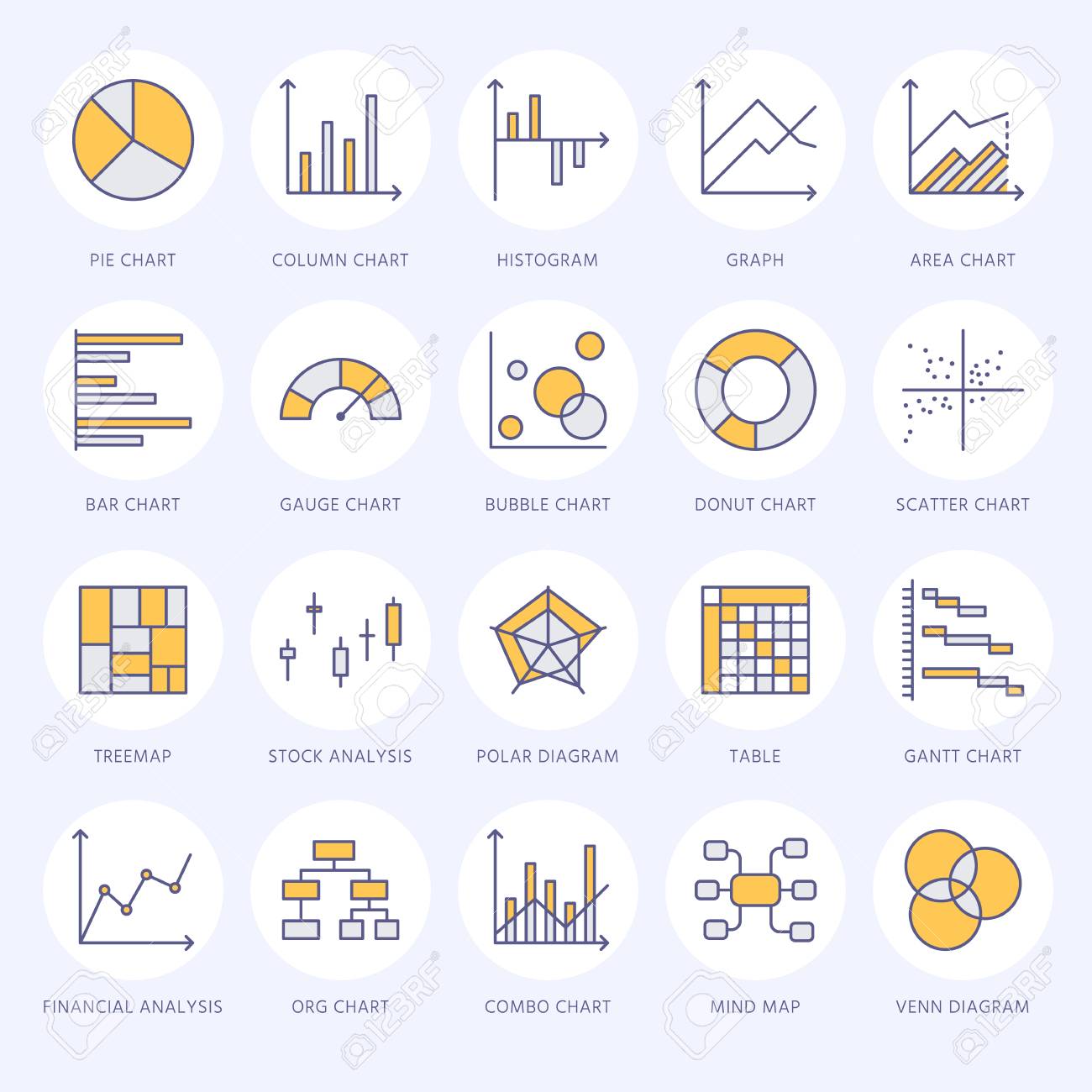 Chart Types Flat Line Icons Linear Graph Column Pie Donut - 