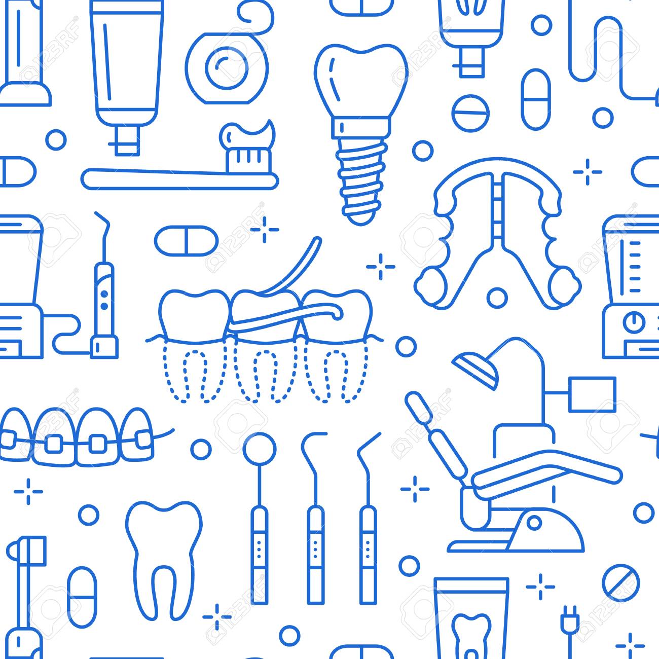 Dentist, orthodontics blue seamless pattern with line icons. Dental care, medical equipment, braces, tooth prosthesis, floss, caries treatment, toothpaste. Health care background for dentistry clinic. - 108590256 Dentist, orthodontics blue seamless pattern with line icons. Dental care, medical equipment, braces, tooth prosthesis, floss, caries treatment, toothpaste. Health care background for dentistry clinic. - 108590256