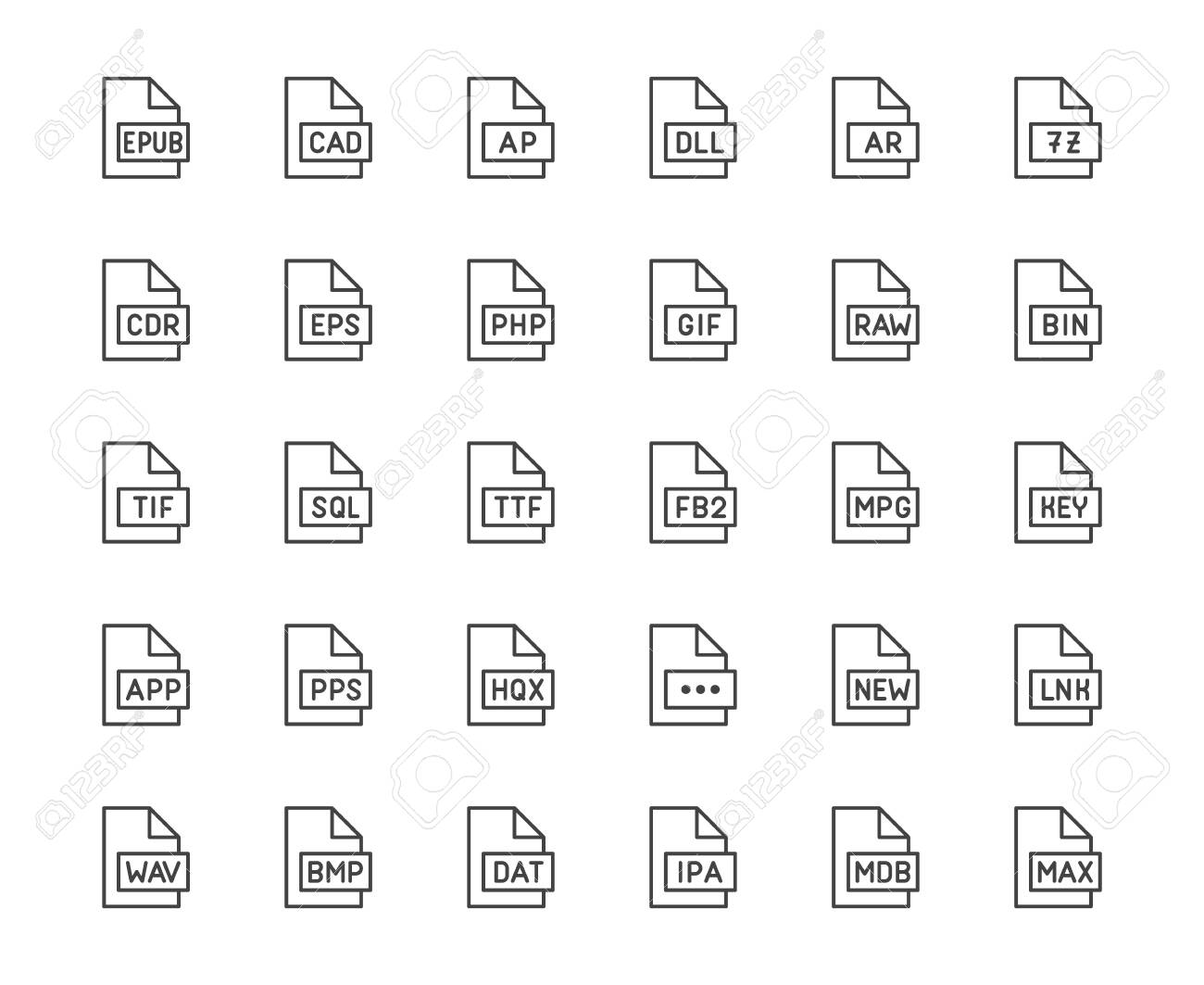 File format flat line icons set. Epub, dll, pps, gif, sql, fb2, eps, app document vector illustrations. Outline signs for extension. Pixel perfect 64x64. Editable Strokes. - 129389130 File format flat line icons set. Epub, dll, pps, gif, sql, fb2, eps, app document vector illustrations. Outline signs for extension. Pixel perfect 64x64. Editable Strokes. - 129389130