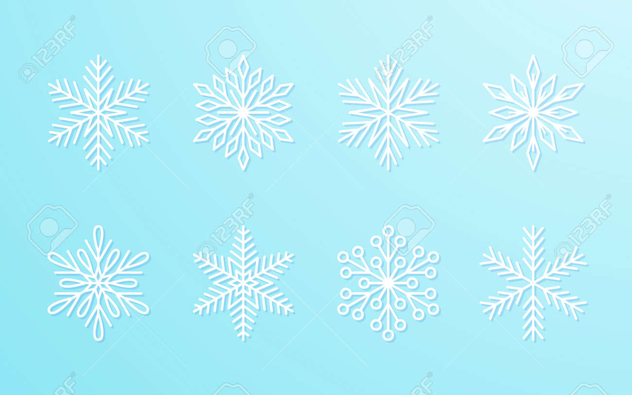 Christmas snowflakes collection white isolated on blue gradient background. Cute snow icons with intricate silhouette. Nice line doodle decorative element for New year banner, cards or ornament. - 158752673 Christmas snowflakes collection white isolated on blue gradient background. Cute snow icons with intricate silhouette. Nice line doodle decorative element for New year banner, cards or ornament. - 158752673
