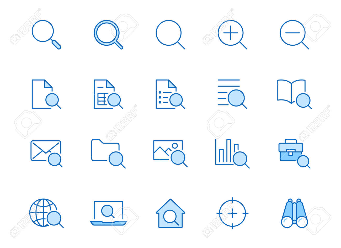 Search line icons set. Zoom, find document, magnify glass symbol, look tool, binoculars minimal vector illustrations. Simple flat outline signs for web interface. Blue color, Editable Stroke. - 158752554 Search line icons set. Zoom, find document, magnify glass symbol, look tool, binoculars minimal vector illustrations. Simple flat outline signs for web interface. Blue color, Editable Stroke. - 158752554