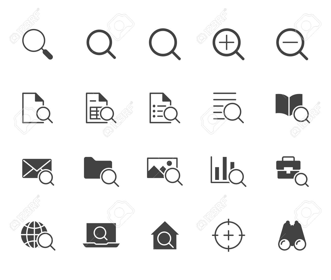 Search flat icons set. Zoom, find document, magnify glass symbol, look tool, binoculars minimal glyph silhouette vector illustrations. Simple black solid signs for web interface. - 159969929 Search flat icons set. Zoom, find document, magnify glass symbol, look tool, binoculars minimal glyph silhouette vector illustrations. Simple black solid signs for web interface. - 159969929