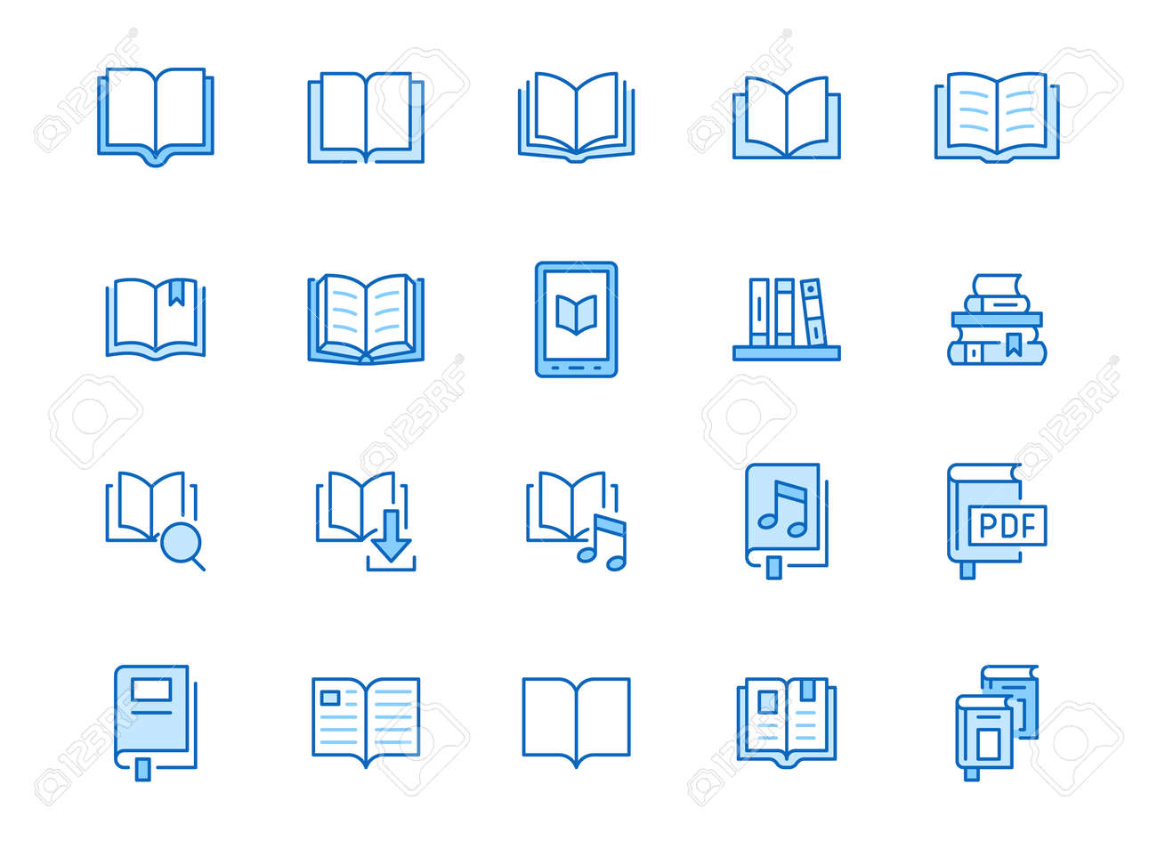 Book line icons set. Open books, dictionary, bible, audio novel, literature education minimal vector illustrations. Simple flat outline sign for web library app. Blue color, Editable Stroke. - 159869995 Book line icons set. Open books, dictionary, bible, audio novel, literature education minimal vector illustrations. Simple flat outline sign for web library app. Blue color, Editable Stroke. - 159869995