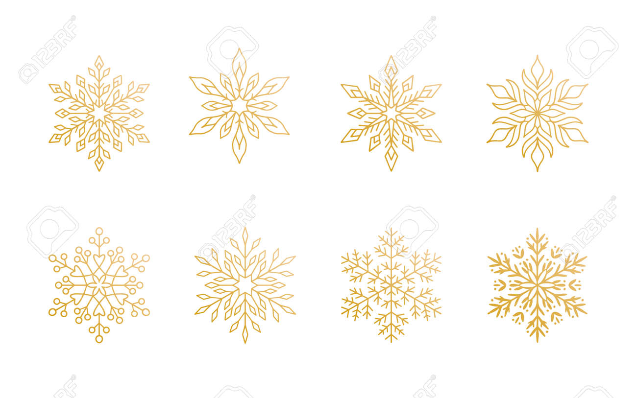 Christmas snowflakes collection isolated on white background. Cute gold gradient snow icons with intricate silhouette. Nice line doodle decorative element for New year banner, cards or ornament. - 159969941 Christmas snowflakes collection isolated on white background. Cute gold gradient snow icons with intricate silhouette. Nice line doodle decorative element for New year banner, cards or ornament. - 159969941