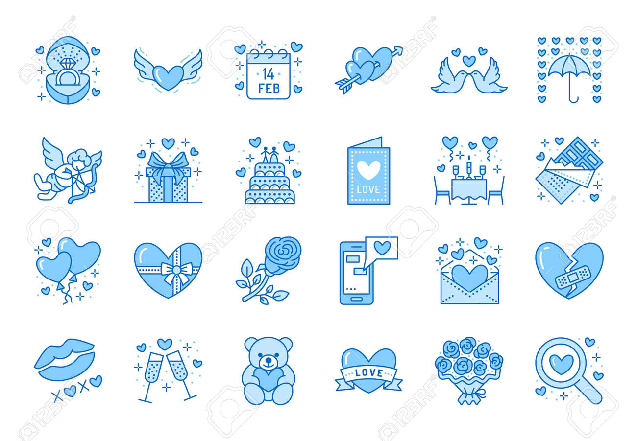 Valentines day flat line icons. Love, romance symbols - hearts, engagement ring, wedding cake, Cupid, romantic date card. Thin linear signs for february 14 celebration. Blue color, Editable Stroke. - 160067894 Valentines day flat line icons. Love, romance symbols - hearts, engagement ring, wedding cake, Cupid, romantic date card. Thin linear signs for february 14 celebration. Blue color, Editable Stroke. - 160067894