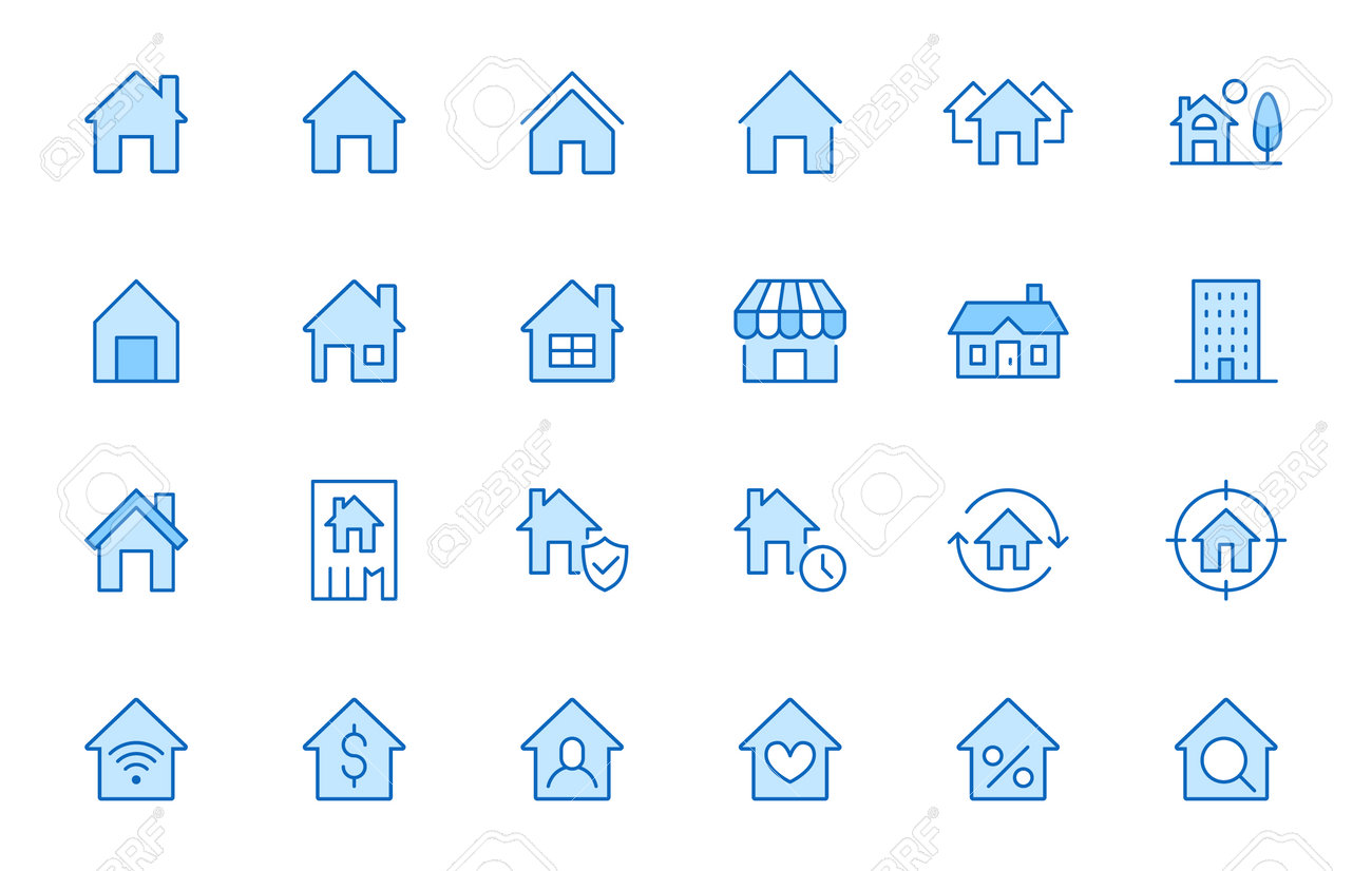 Home line icons set. House, residential building, homepage, property mortgage minimal vector illustrations. Simple flat outline sign for web real estate app. Blue color, Editable Stroke. - 160758984 Home line icons set. House, residential building, homepage, property mortgage minimal vector illustrations. Simple flat outline sign for web real estate app. Blue color, Editable Stroke. - 160758984