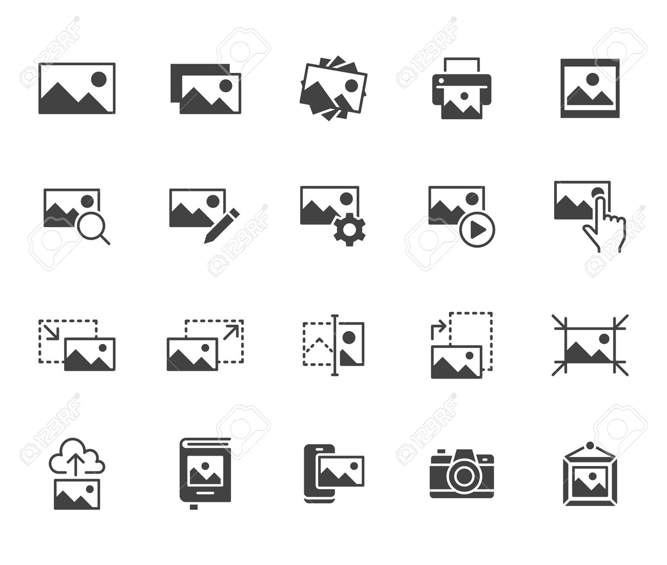 Photo flat icon set. Image gallery, picture frame, printer, file resize, camera black minimal silhouette vector illustrations. Simple glyph signs for photos editor application. - 161710103 Photo flat icon set. Image gallery, picture frame, printer, file resize, camera black minimal silhouette vector illustrations. Simple glyph signs for photos editor application. - 161710103