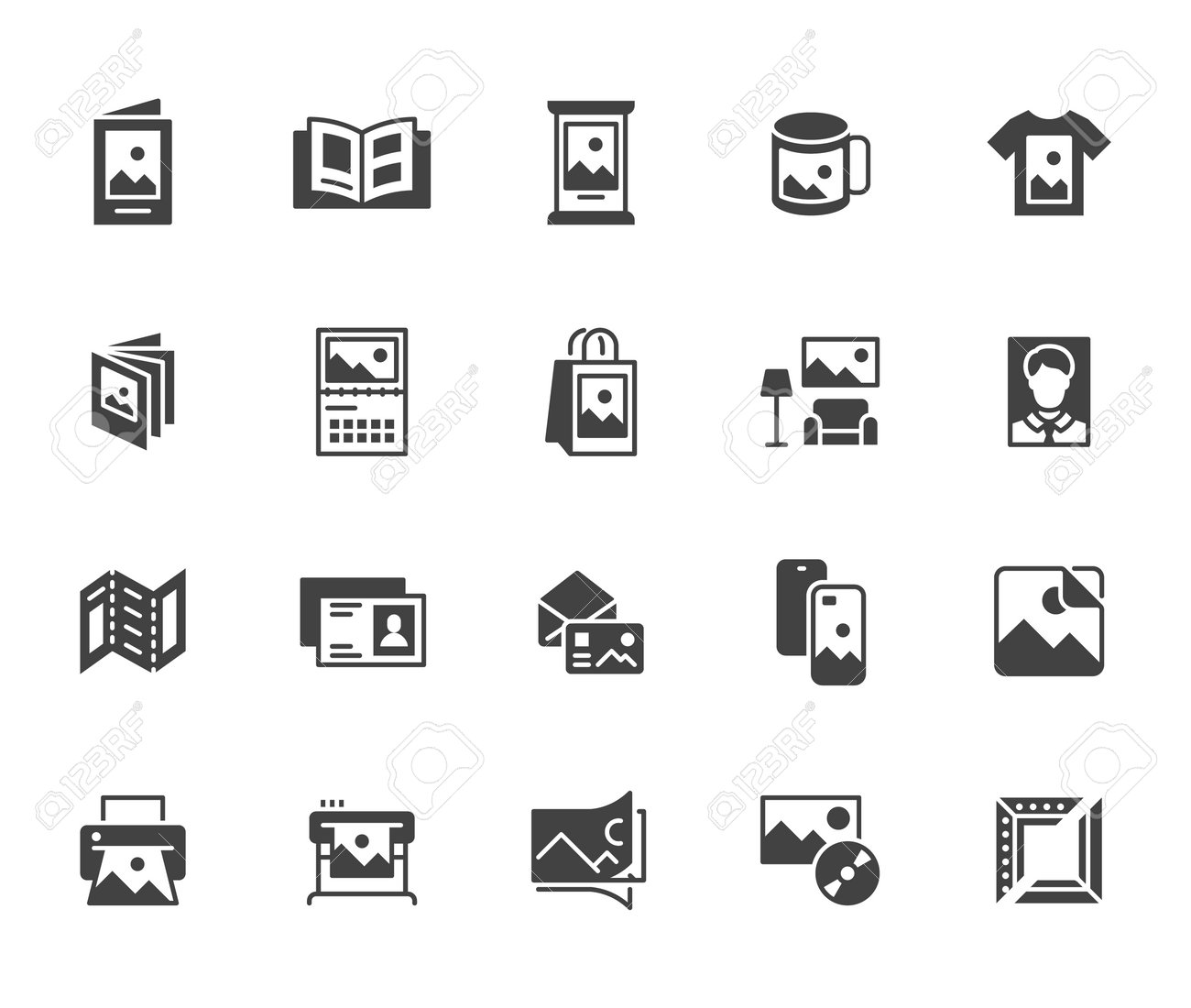 Photo printing flat icon set. Brand identity printed on products like brochure, banner, mug, plotter black silhouette vector illustrations. Simple glyph signs for polygraphy. - 161710105 Photo printing flat icon set. Brand identity printed on products like brochure, banner, mug, plotter black silhouette vector illustrations. Simple glyph signs for polygraphy. - 161710105