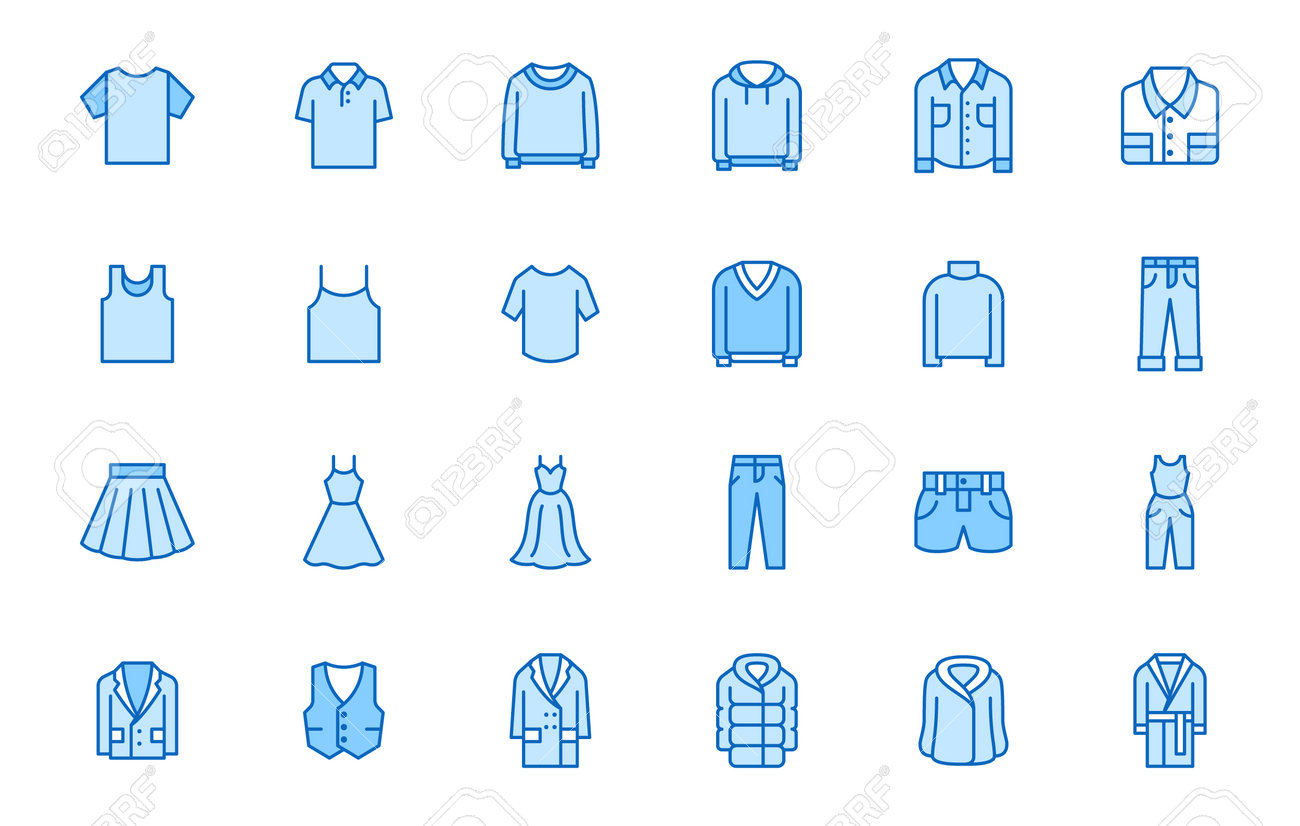 Clothing line icon set. Dress, polo t-shirt, jeans, winter coat, jacket pants, skirt minimal vector illustrations. Simple outline signs for fashion application. Blue color, Editable Stroke. - 161710107 Clothing line icon set. Dress, polo t-shirt, jeans, winter coat, jacket pants, skirt minimal vector illustrations. Simple outline signs for fashion application. Blue color, Editable Stroke. - 161710107