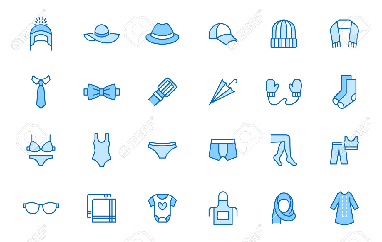 Clothing accessory line icon set. Bow tie, handkerchief, woman hat, sunglasses, umbrella, hijab minimal vector illustrations. Simple outline signs for fashion app. Blue color, Editable Stroke. - 161710110 Clothing accessory line icon set. Bow tie, handkerchief, woman hat, sunglasses, umbrella, hijab minimal vector illustrations. Simple outline signs for fashion app. Blue color, Editable Stroke. - 161710110
