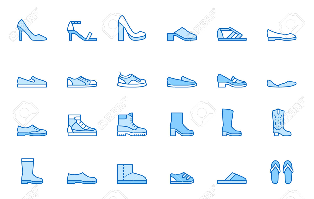 Shoe line icon set. High heels sandal, cowboy boots, hiking footwear, sneakers, slipper minimal vector illustrations. Simple outline signs for fashion application. Blue color, Editable Stroke. - 162519215 Shoe line icon set. High heels sandal, cowboy boots, hiking footwear, sneakers, slipper minimal vector illustrations. Simple outline signs for fashion application. Blue color, Editable Stroke. - 162519215