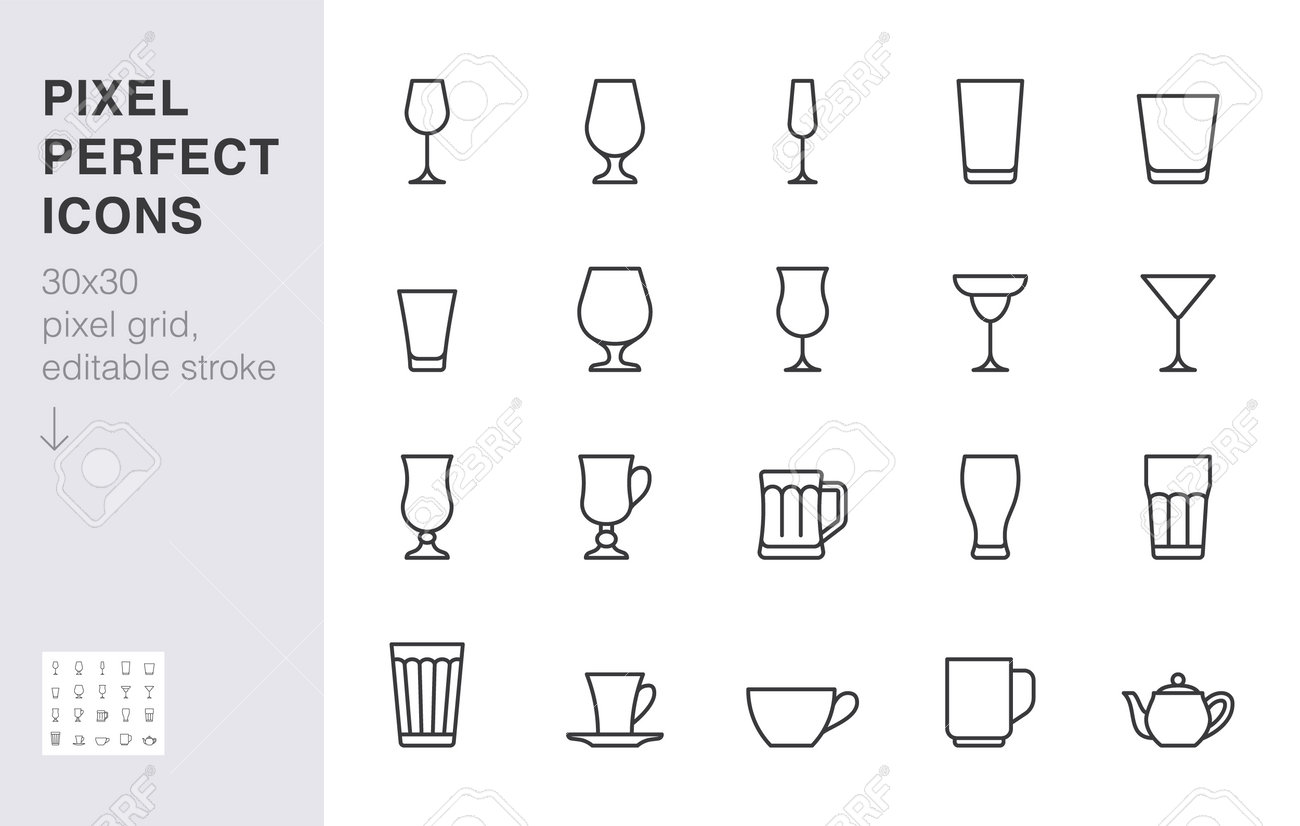 Glass line icon set. Drink glassware type - beer mug, whiskey shot, wineglass, teapot minimal vector illustration. Simple outline sign of cocktail, beverage. 30x30 Pixel Perfect, Editable Stroke. - 162491639 Glass line icon set. Drink glassware type - beer mug, whiskey shot, wineglass, teapot minimal vector illustration. Simple outline sign of cocktail, beverage. 30x30 Pixel Perfect, Editable Stroke. - 162491639