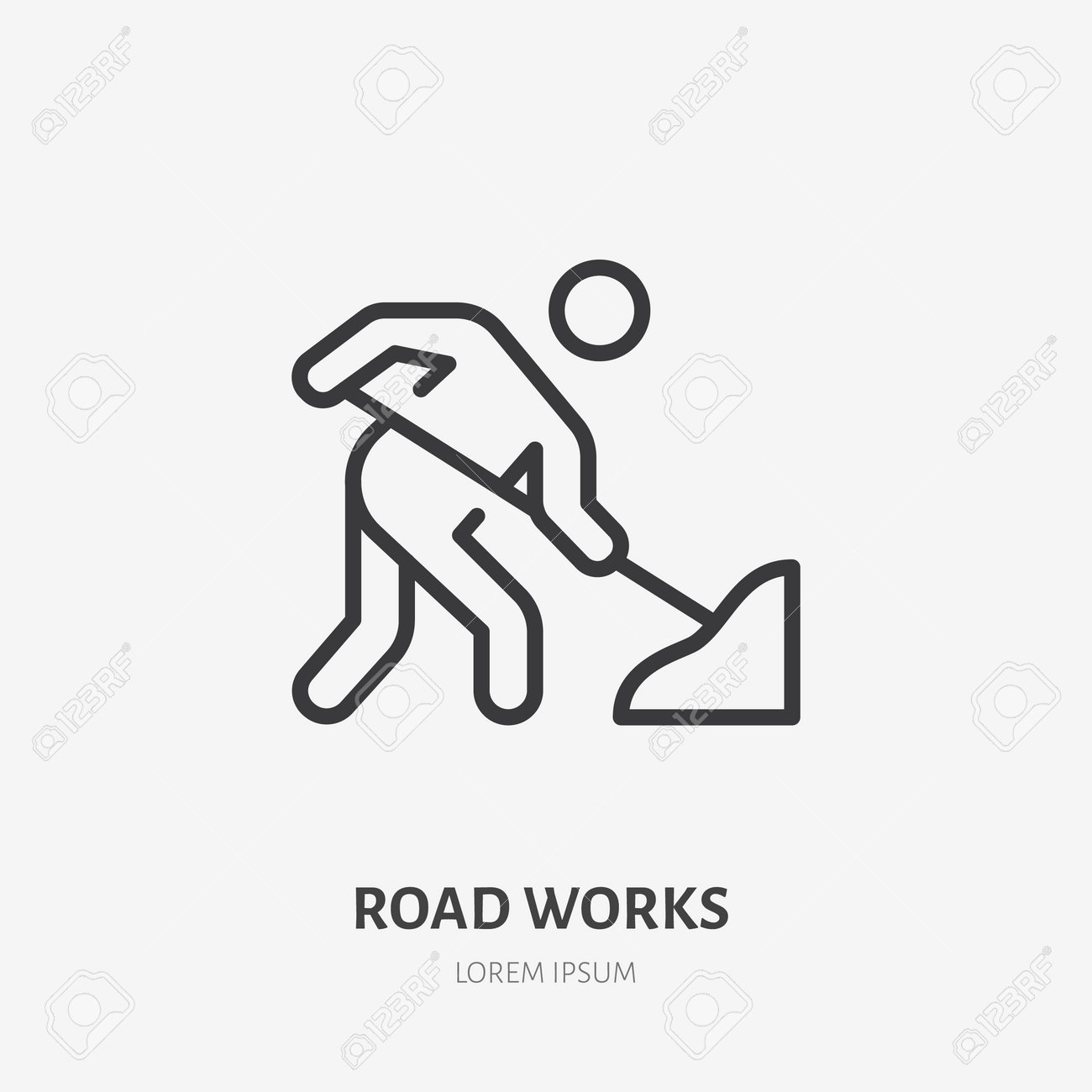 Road works flat line icon. Vector outline illustration of man with the shovel. Black color thin linear sign for warning pictogram. - 162491642 Road works flat line icon. Vector outline illustration of man with the shovel. Black color thin linear sign for warning pictogram. - 162491642
