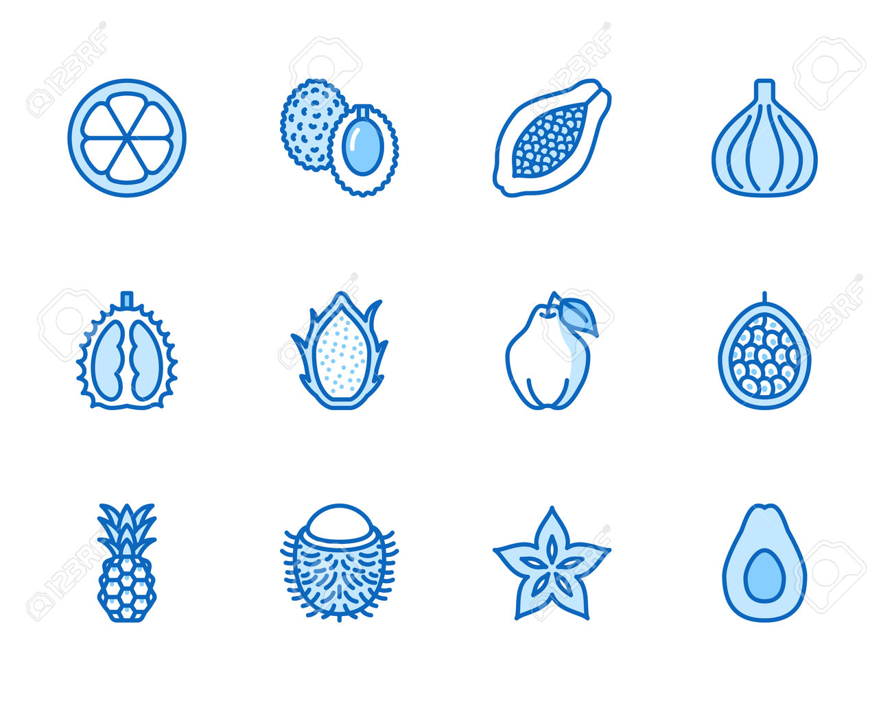 Exotic fruits, berry flat line icons set. Papaya, dragon fruit, rambutan, fig, mangosteen, avocado, starfruit vector illustrations. Outline signs for tropical food store. Blue color, Editable Stroke. - 162491645 Exotic fruits, berry flat line icons set. Papaya, dragon fruit, rambutan, fig, mangosteen, avocado, starfruit vector illustrations. Outline signs for tropical food store. Blue color, Editable Stroke. - 162491645