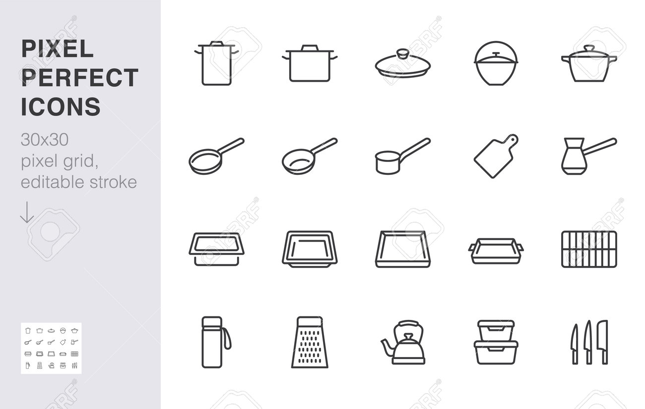 Cookware line icon set. Kitchen equipment - cooker pan pot, frying griddle, lid, knife grater minimal vector illustration. Simple outline sign of cooking utensils. 30x30 Pixel Perfect Editable Stroke - 163160935 Cookware line icon set. Kitchen equipment - cooker pan pot, frying griddle, lid, knife grater minimal vector illustration. Simple outline sign of cooking utensils. 30x30 Pixel Perfect Editable Stroke - 163160935