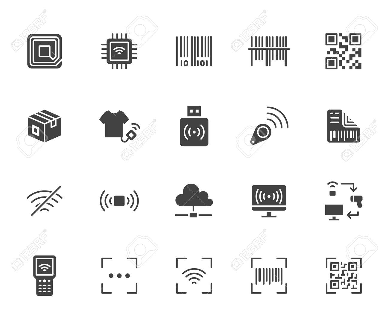 RFID, qr code, barcode flat icon set. Price tag scanner, label reader, identification microchip black silhouette vector illustration. Simple glyph signs retail safety application. - 163160937 RFID, qr code, barcode flat icon set. Price tag scanner, label reader, identification microchip black silhouette vector illustration. Simple glyph signs retail safety application. - 163160937