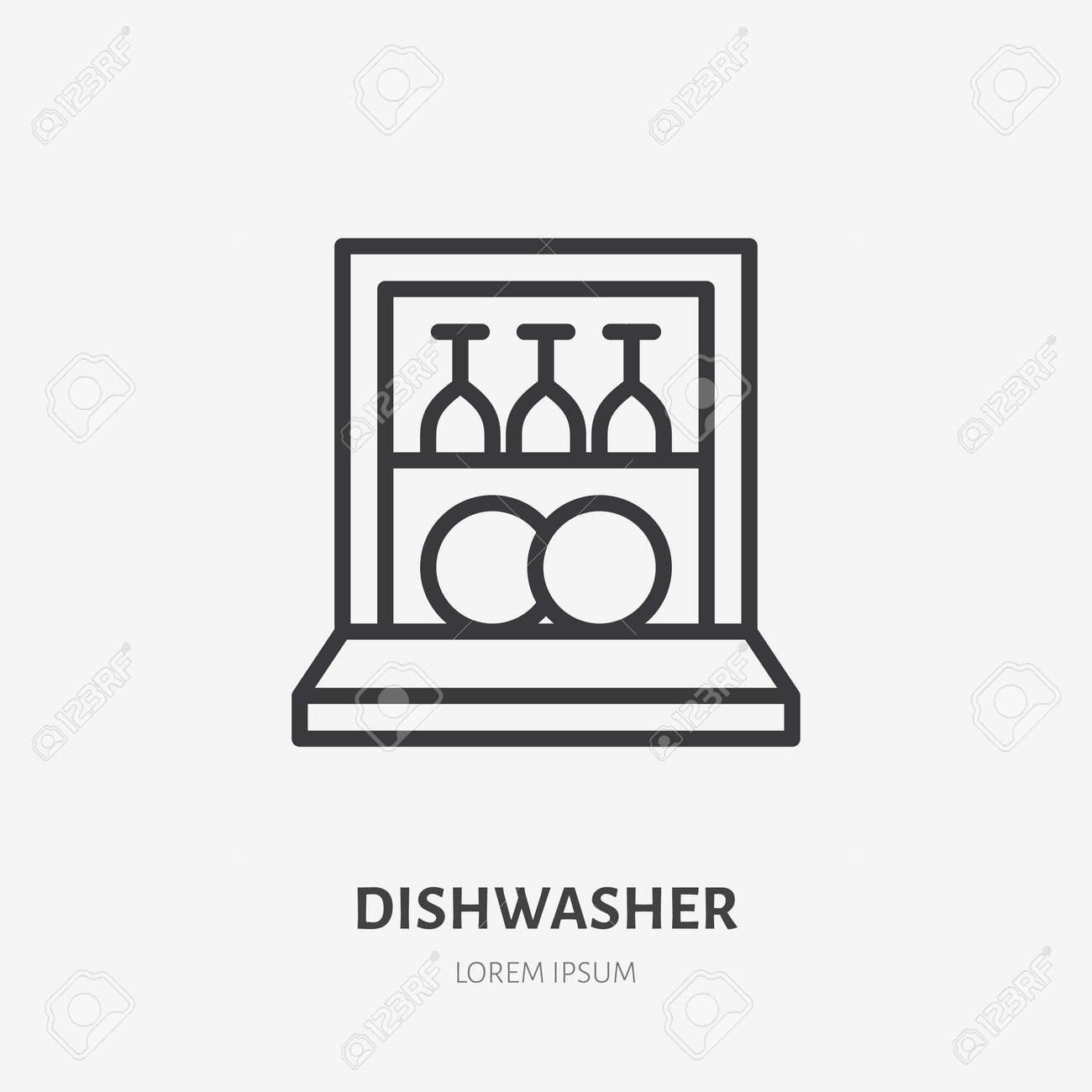 Dishwasher flat line icon. Vector outline illustration of housekeeping equipment. Black color thin linear sign for dish clean machine. - 163160942 Dishwasher flat line icon. Vector outline illustration of housekeeping equipment. Black color thin linear sign for dish clean machine. - 163160942