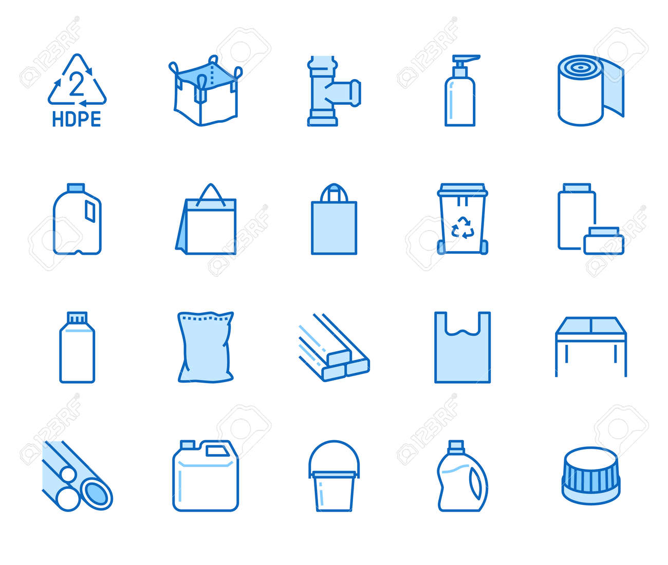 High density polyethylene flat line icons. HDPE products - jerry can, plastic canister, pipes, milk jug, garbage container vector illustrations. Thin signs of packaging. Blue color, Editable Stroke. - 163160950 High density polyethylene flat line icons. HDPE products - jerry can, plastic canister, pipes, milk jug, garbage container vector illustrations. Thin signs of packaging. Blue color, Editable Stroke. - 163160950