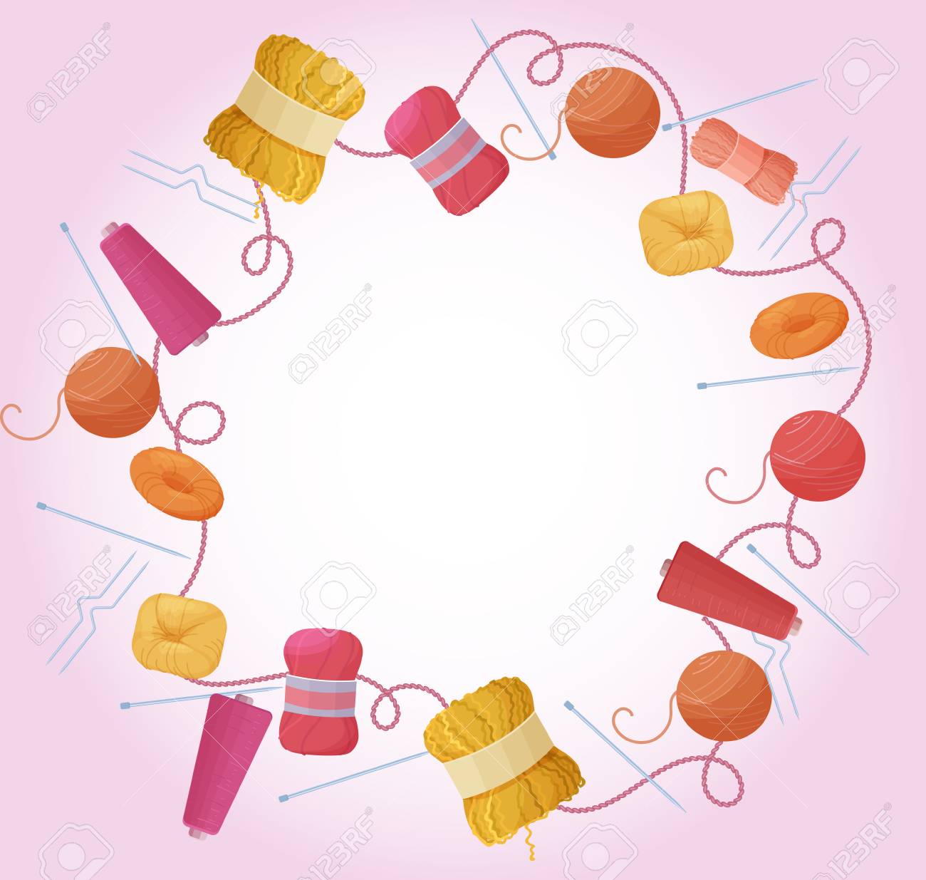 フラット スタイルのベクトル図で分離されたツールと裁縫趣味のアクセサリーやクラフト アイコンを編む糸かせのフレーム手作りや編み物の背景のイラスト素材 ベクタ Image