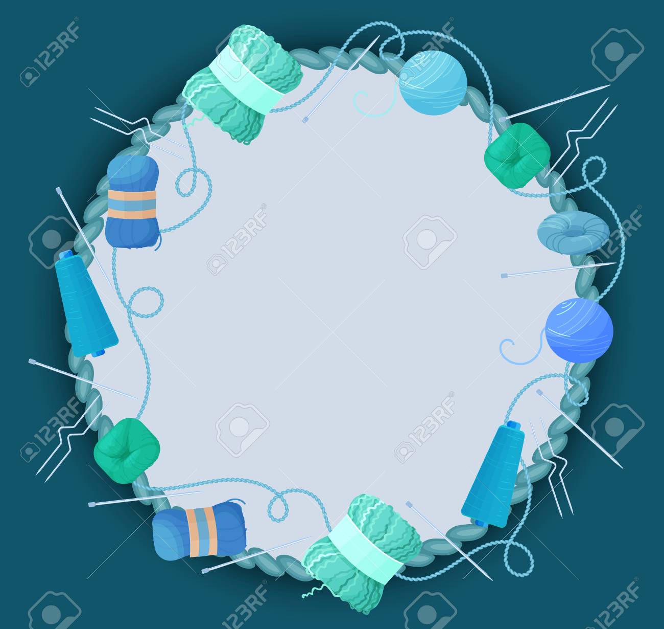 羊毛ボール 編み物ツール 工芸品のアイコンと花輪のフレームと背景の手作りまたは編み物フラット スタイルで裁縫趣味アクセサリー ベクトル イラスト の イラスト素材 ベクタ Image