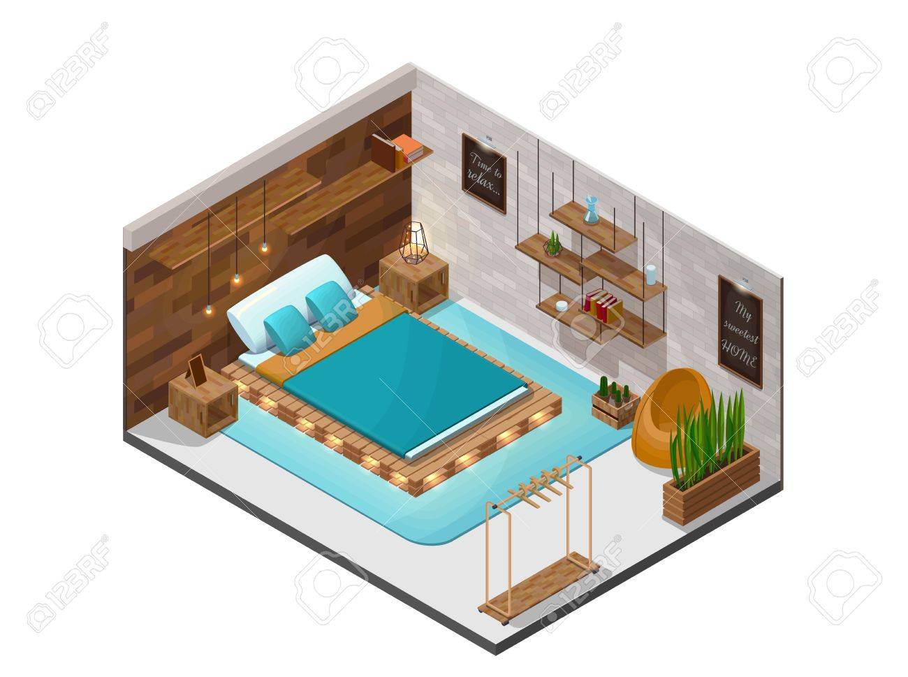 Bedroom Isometric Infographic 3d Cozy Interior With Pallet Diy
